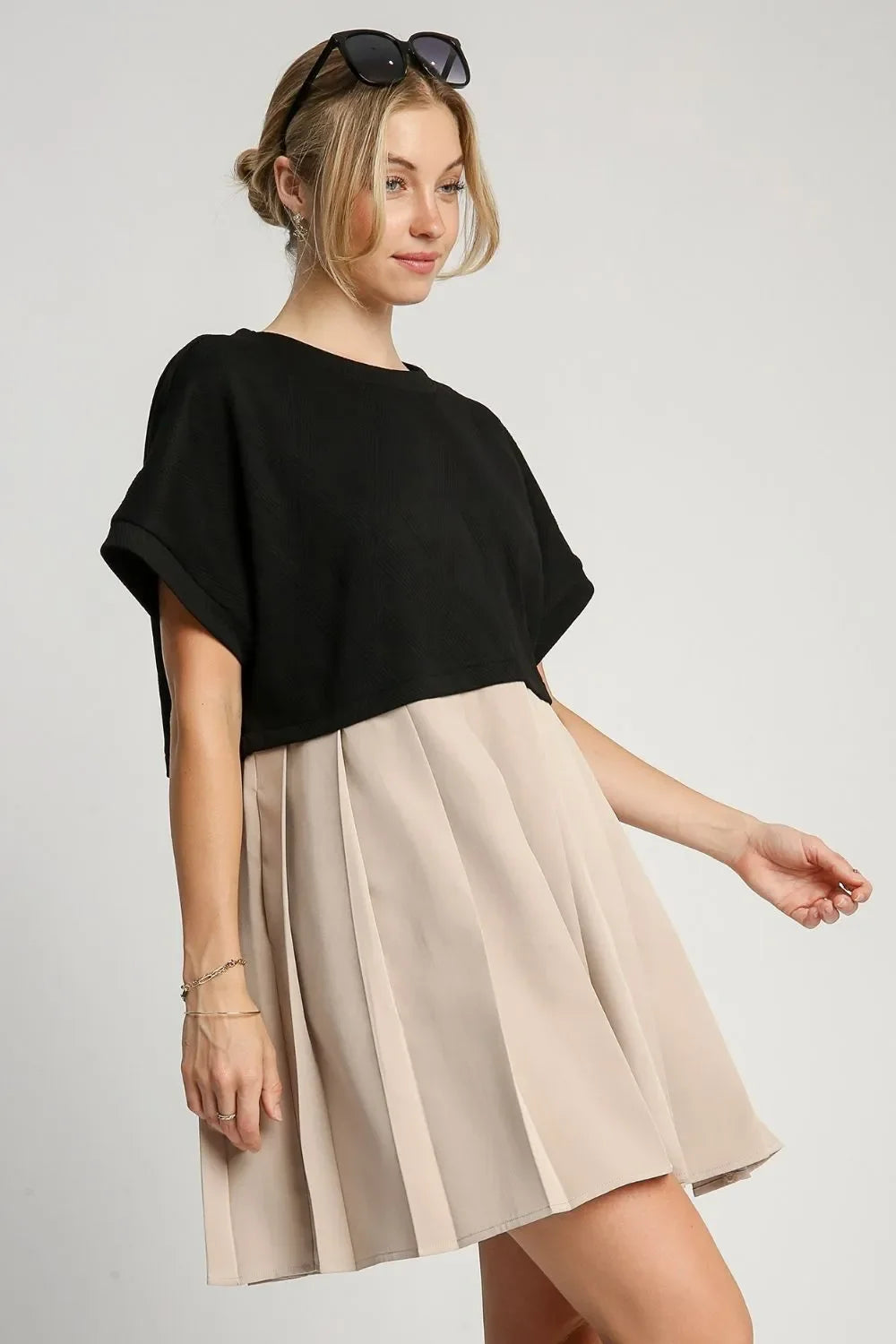 Full Size Round Neck Pleated Dress with Side Pockets Plus Size