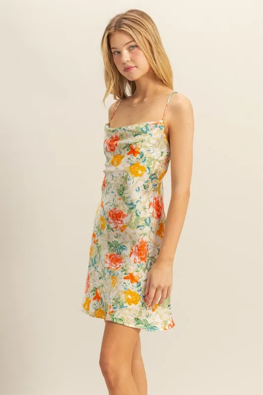 Floral Cowl Neck Flirty Satin Mini Dress