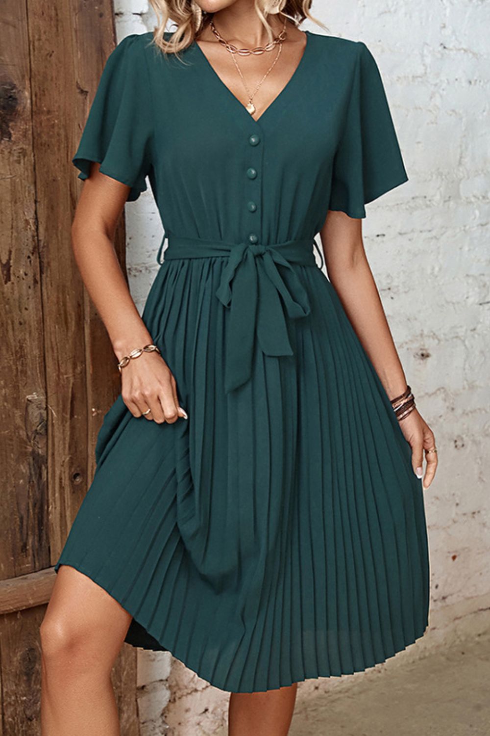 Buttoned V-Neck Flutter Short Sleeve Mini Dress