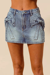 Bow Knot Pocket Denim Mini Skirt