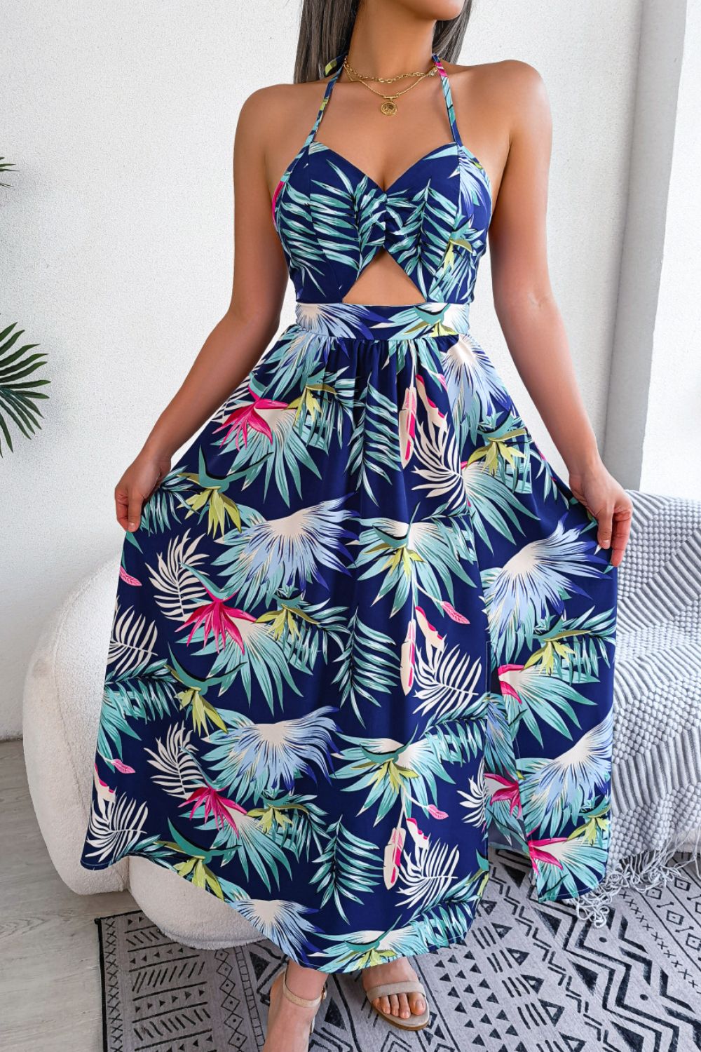Botanical Tied Backless Cutout Slit Dress