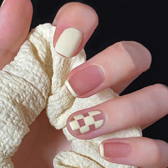 White Checkerboard Wearable Nails Finished Manicure