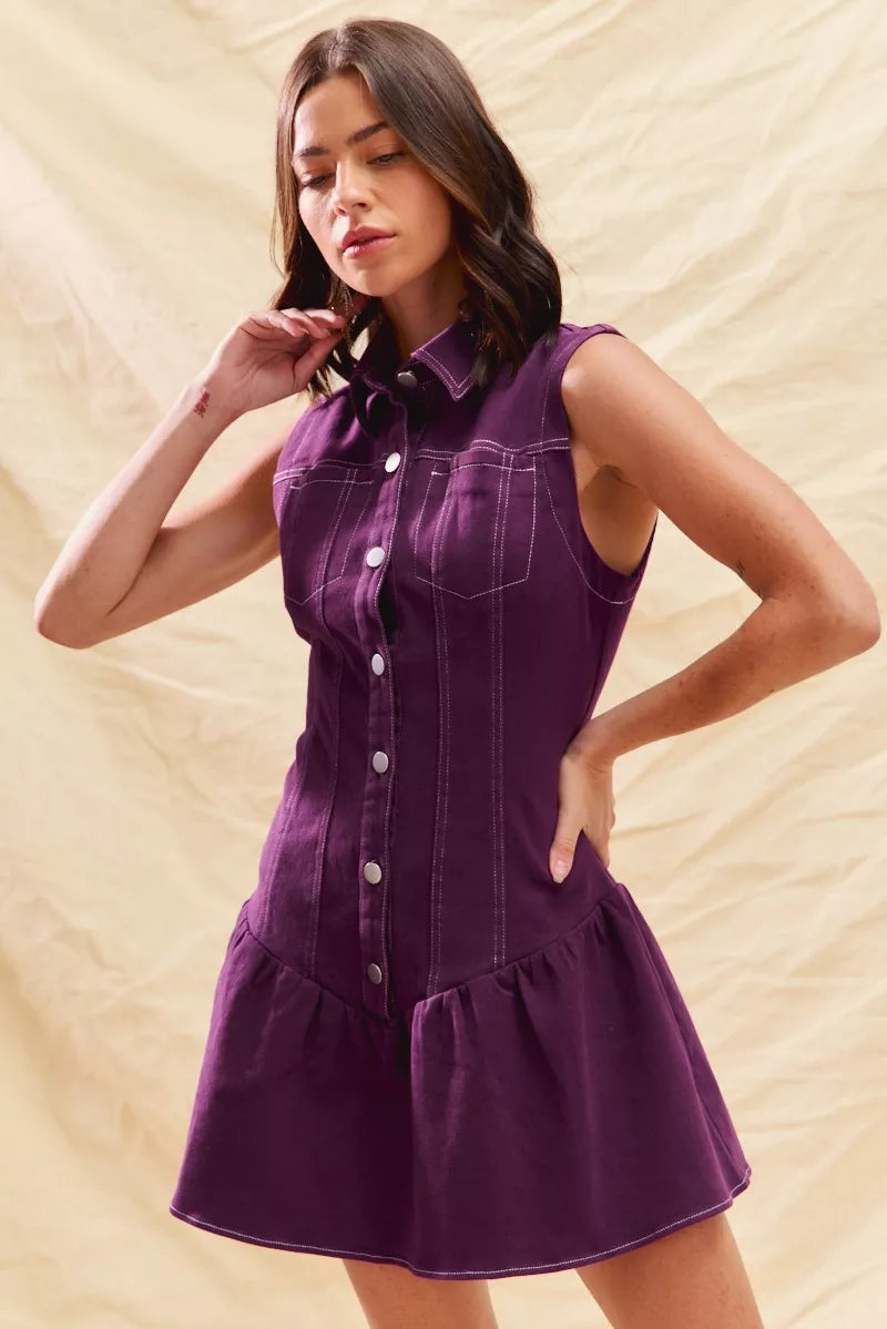 Button Down Sleeveless Collared Mini Dress