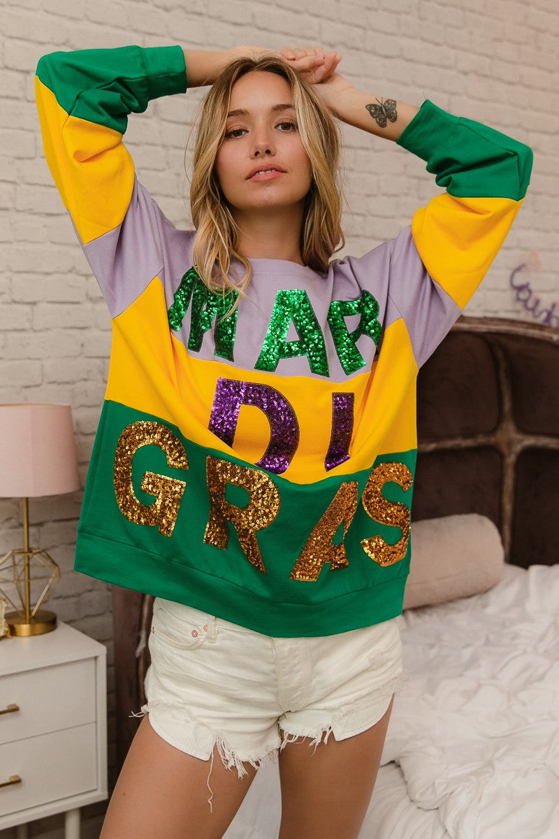 BiBi Sequin Mardi Gras Lettering Color Block Sweatshirt