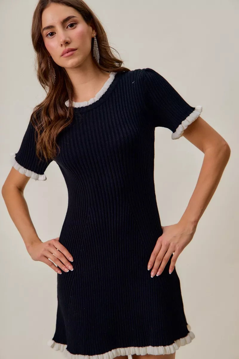 Contrast Ruffled Sweater Knit Mini Dress