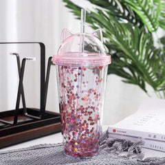 Kawaii Sequined Double Wall Cat Ears Bottle