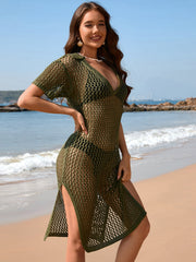 Slit Openwork Short Sleeve Cover-Up