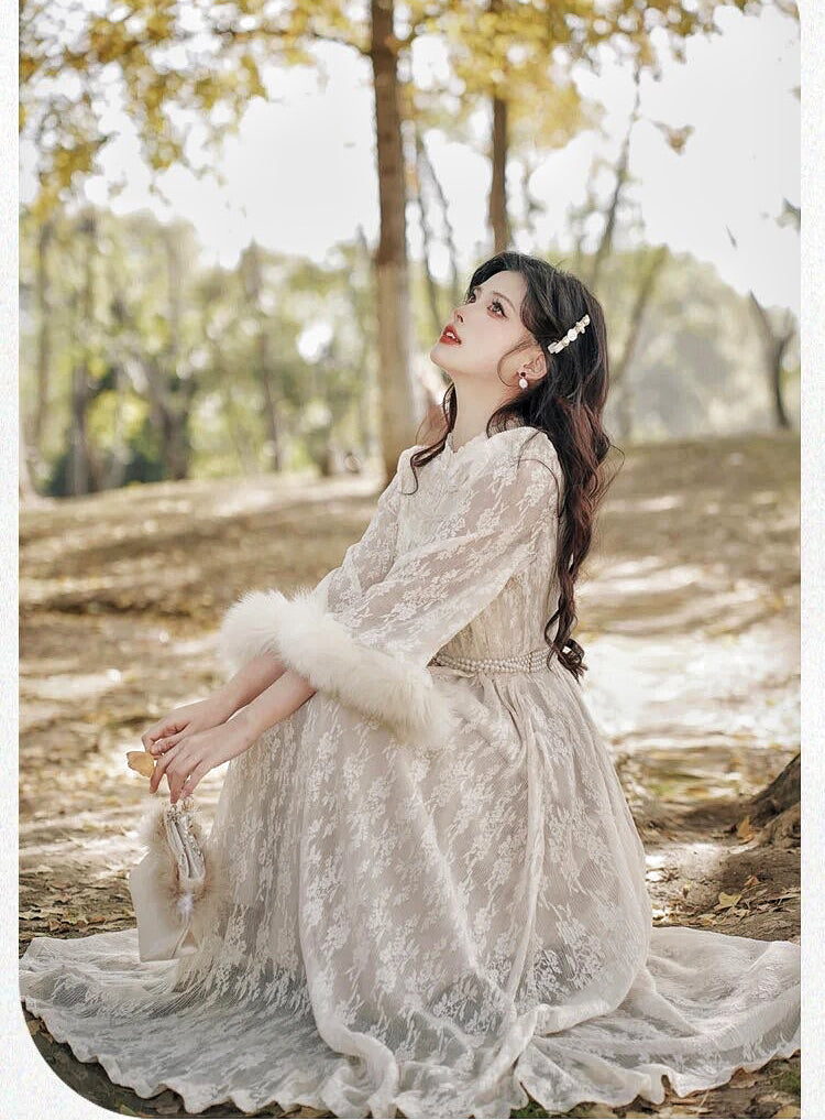 Magic Muse Faux Fur Lace Dress with Pearl Belt