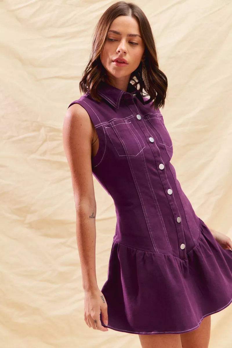 Button Down Sleeveless Collared Mini Dress