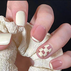 White Checkerboard Wearable Nails Finished Manicure