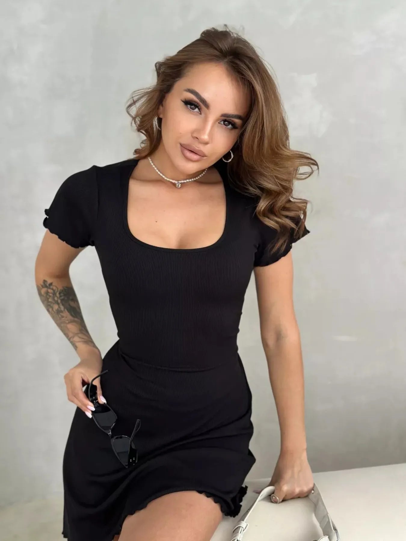 Ribbed Back Lace Up Short Sleeve Mini Dress