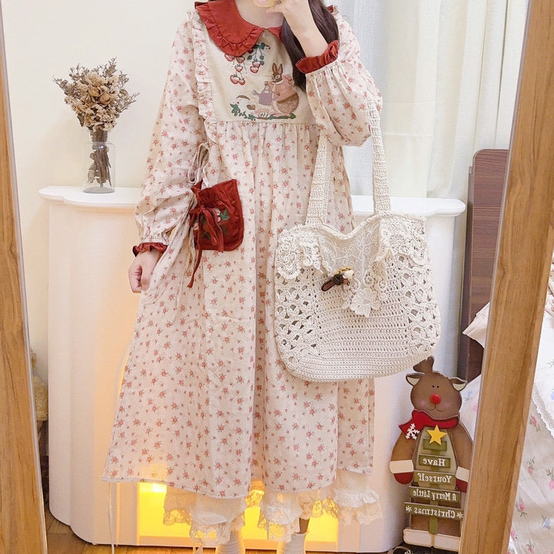 Rabbit's Strawberry Garden Cottagecore Goblincore Dress with Embroidery