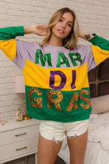BiBi Sequin Mardi Gras Lettering Color Block Sweatshirt