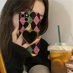 Contrasting Color Diamond Heart Phone Case