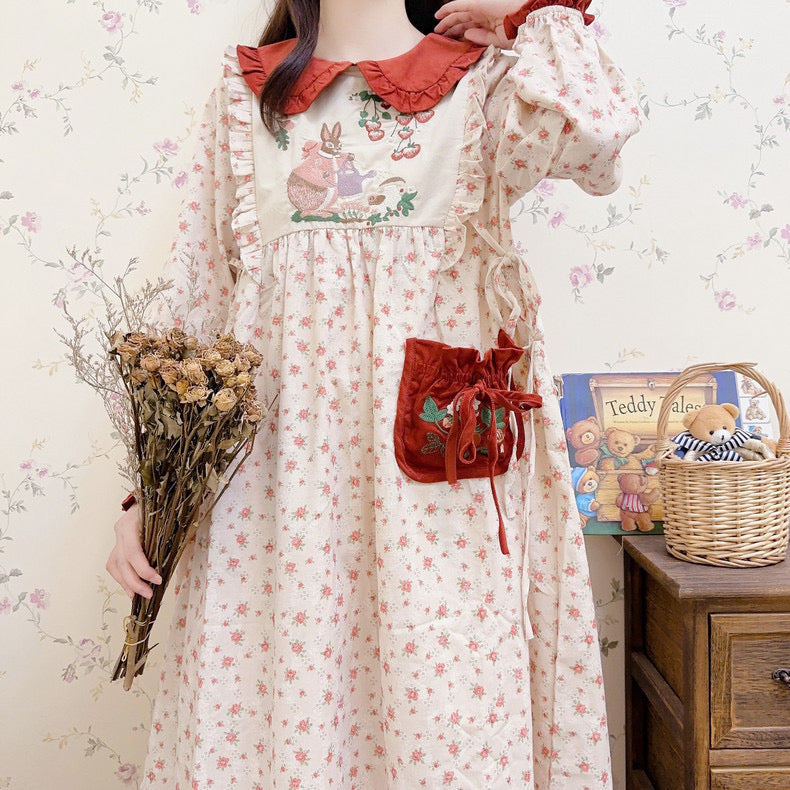 Rabbit's Strawberry Garden Cottagecore Goblincore Dress with Embroidery