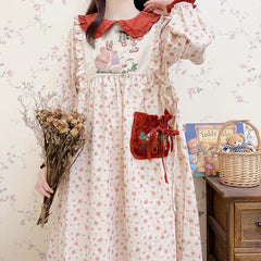 Rabbit's Strawberry Garden Cottagecore Goblincore Dress with Embroidery