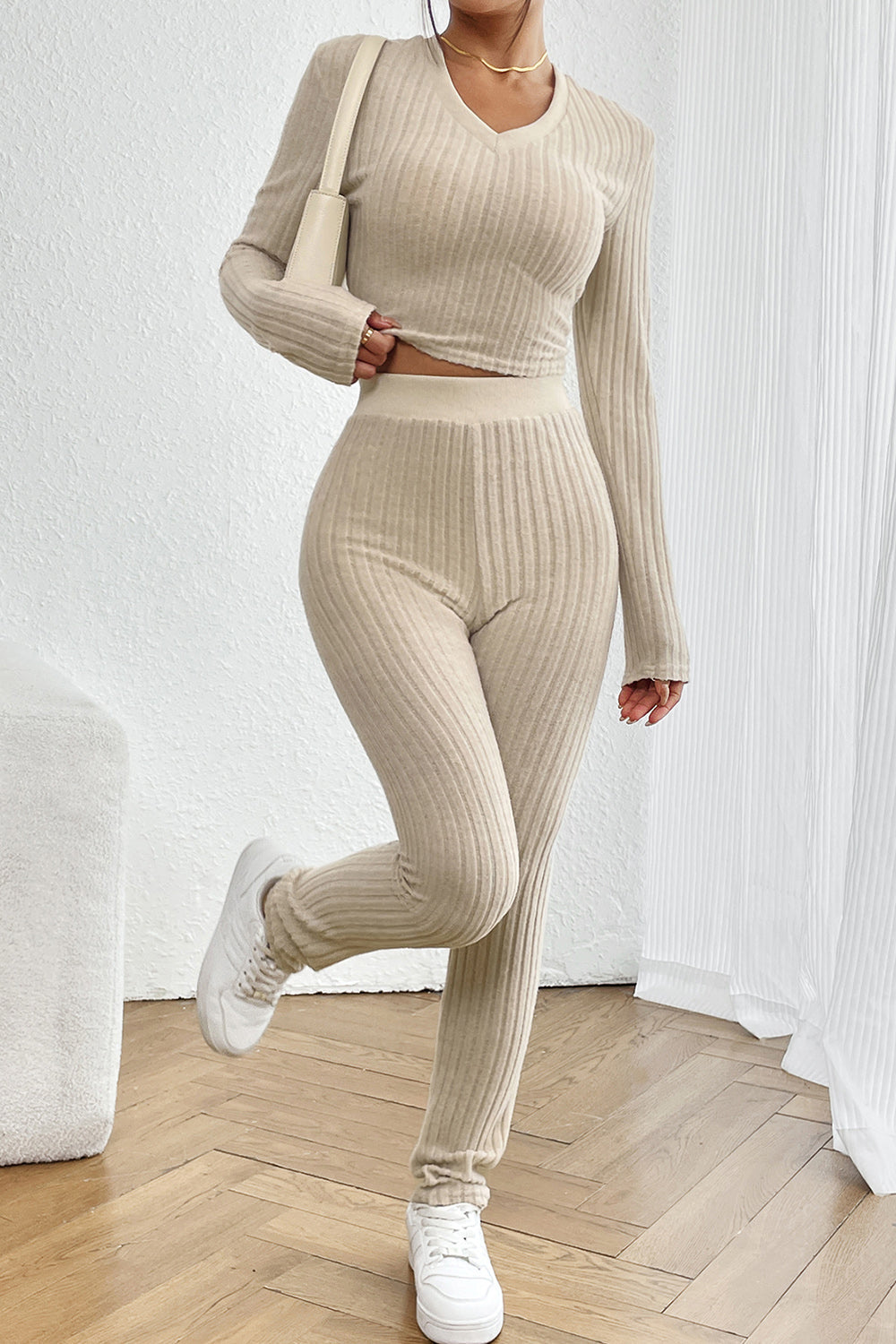 V-Neck Long Sleeve Cropped Top and Pants Set