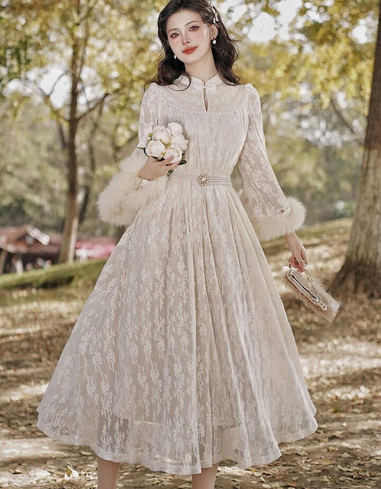 Magic Muse Faux Fur Lace Dress with Pearl Belt