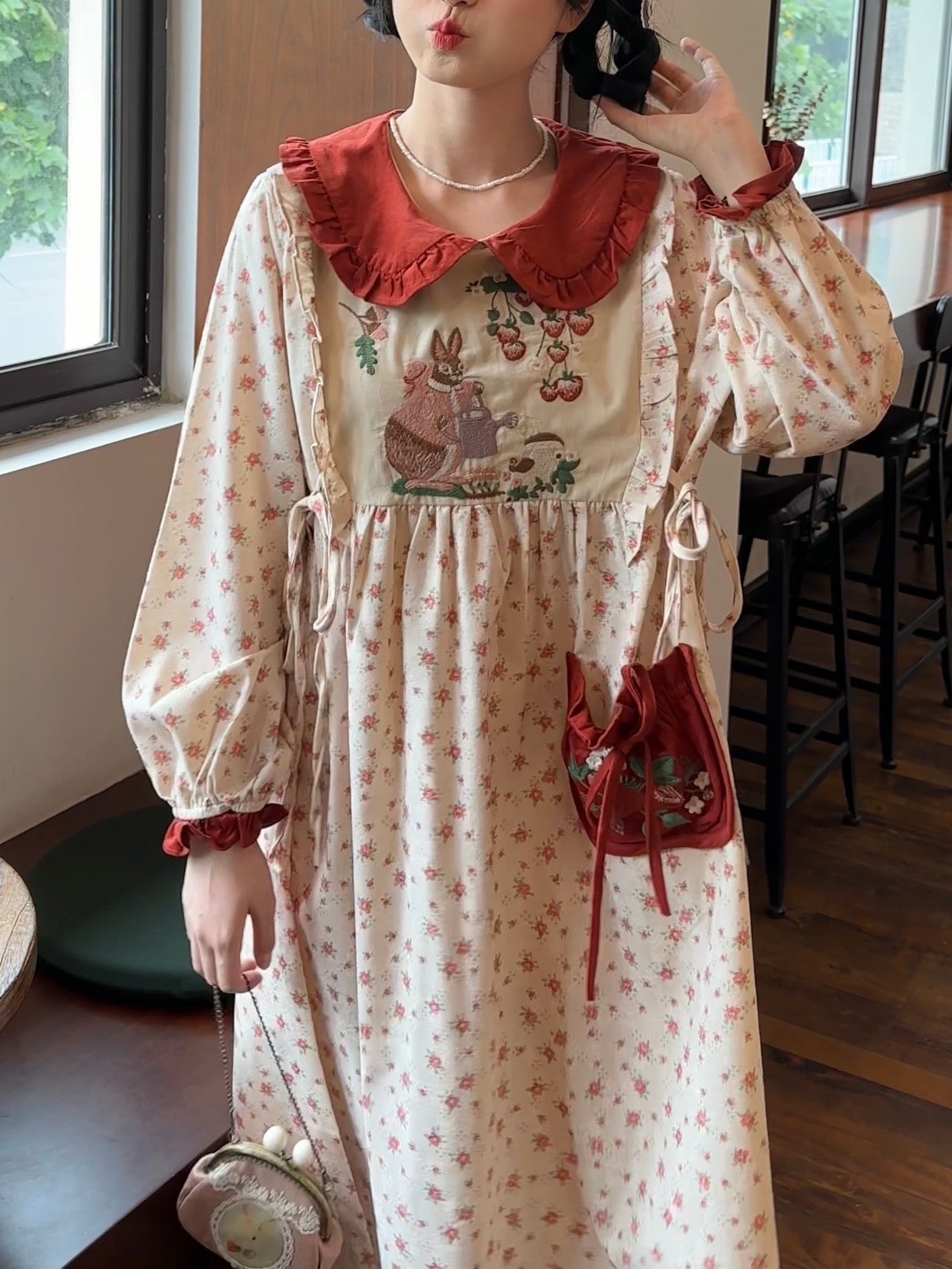 Rabbit's Strawberry Garden Cottagecore Goblincore Dress with Embroidery