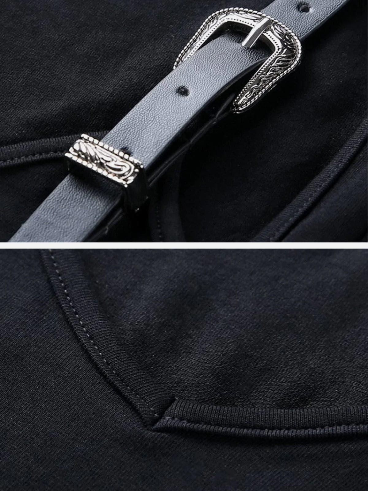 Slim Belt Shoulder Buckle Hollow Short Sleeve T-shirt