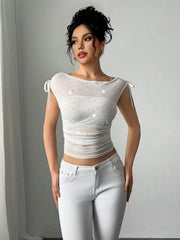 Glitter Stars Sheer Mesh Ruched Crop Top