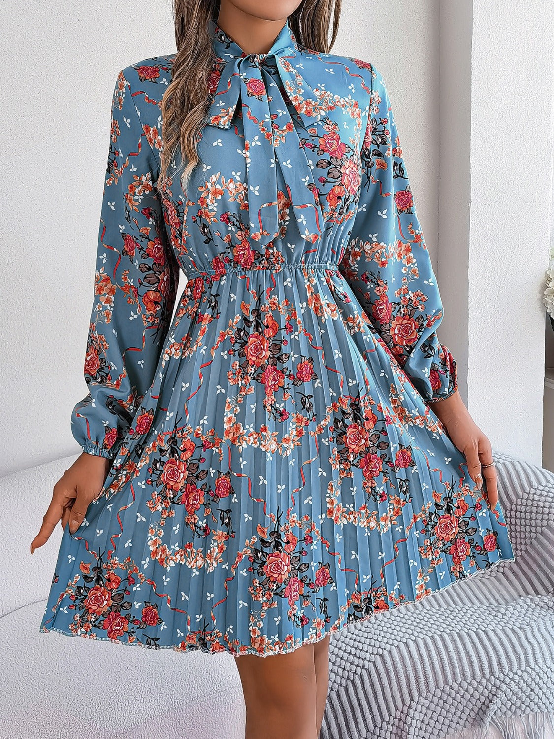 Pleated Printed-Tie Neck Long Sleeve Dress