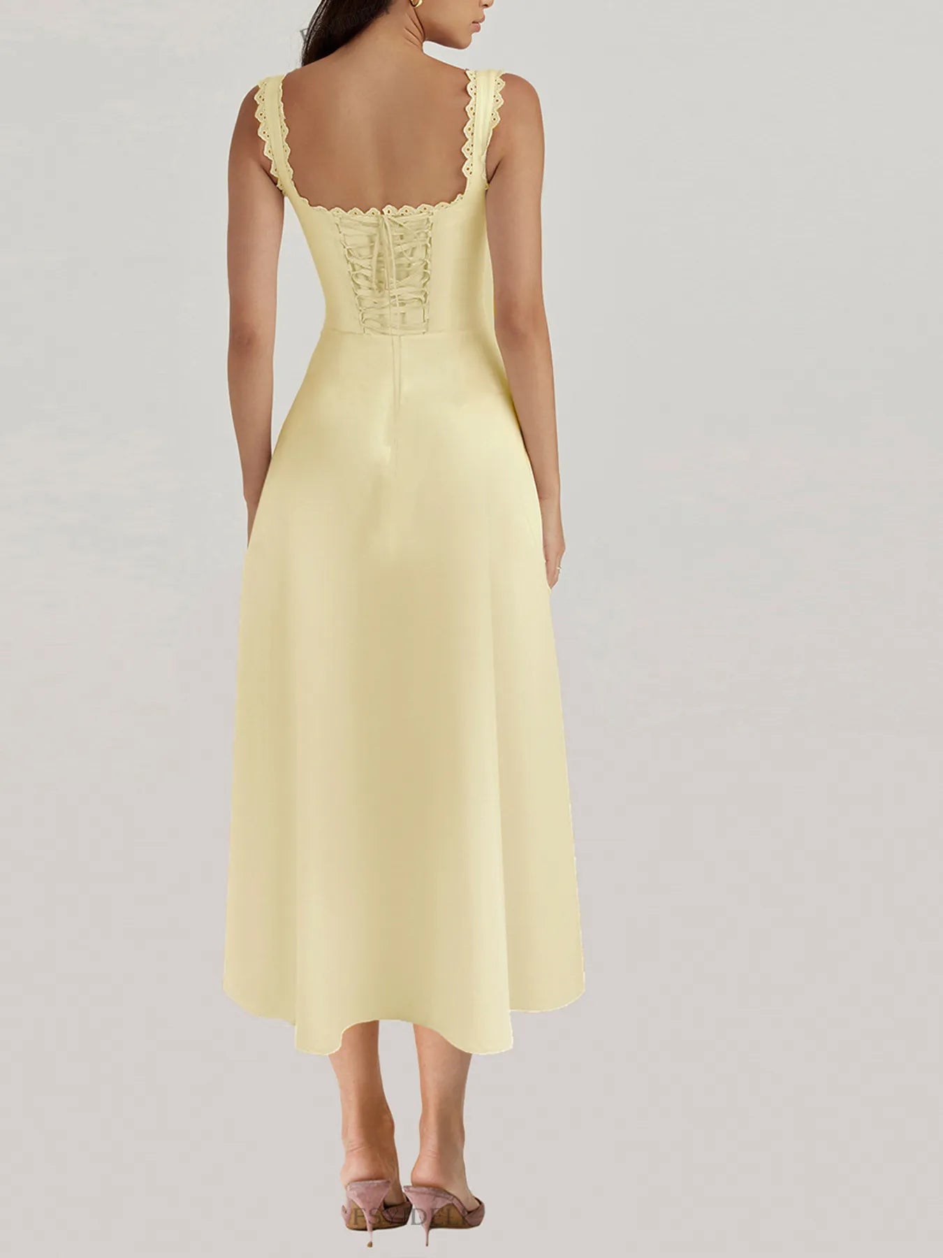 V-Neck Midi Dress with Back Lace-Up
