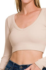 Seamless Fitted Rib V-neck Long Sleeve Crop Top