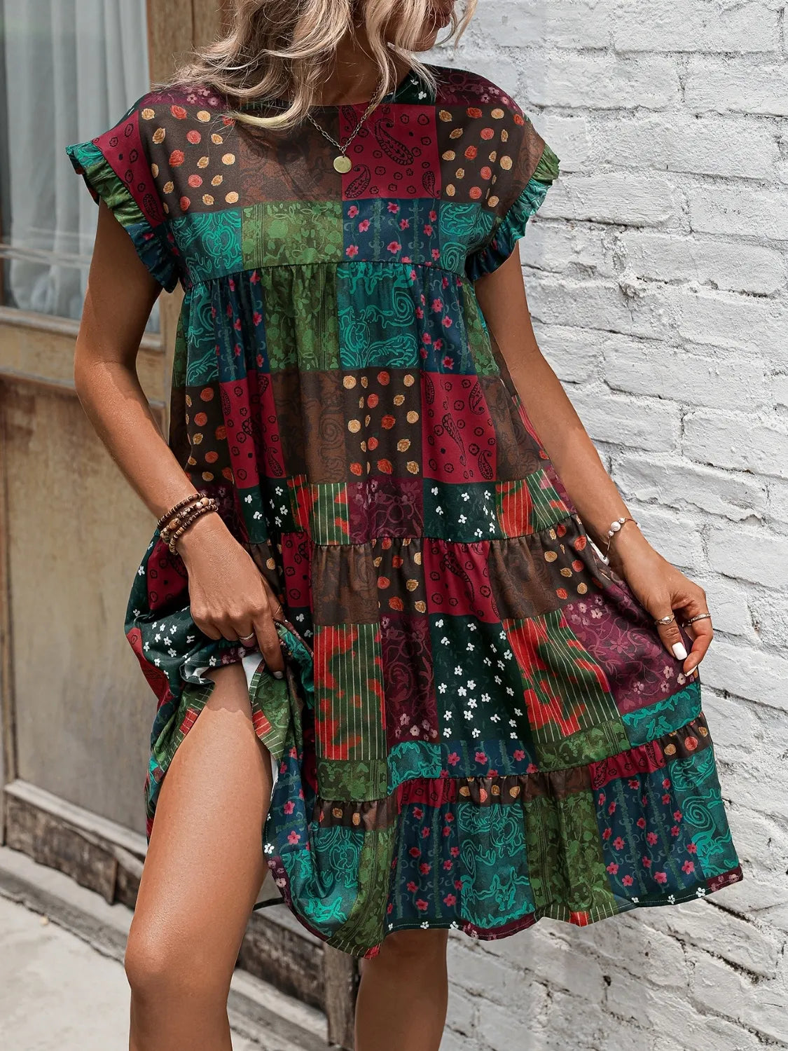 Color Block Print Short Sleeve Mini Dress