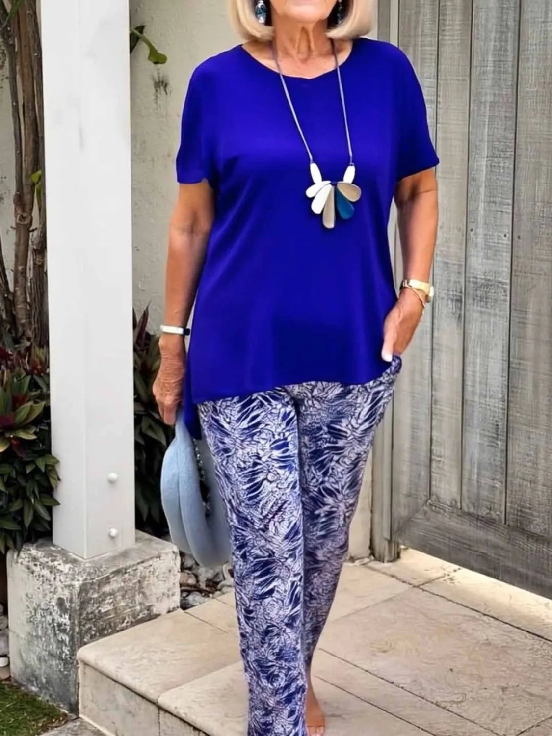 Full Size Round Neck Short Sleeve Top and Pants Set Plus Size