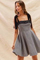 Houndstooth Fit Flare Mini Dress with Shoulder Tie