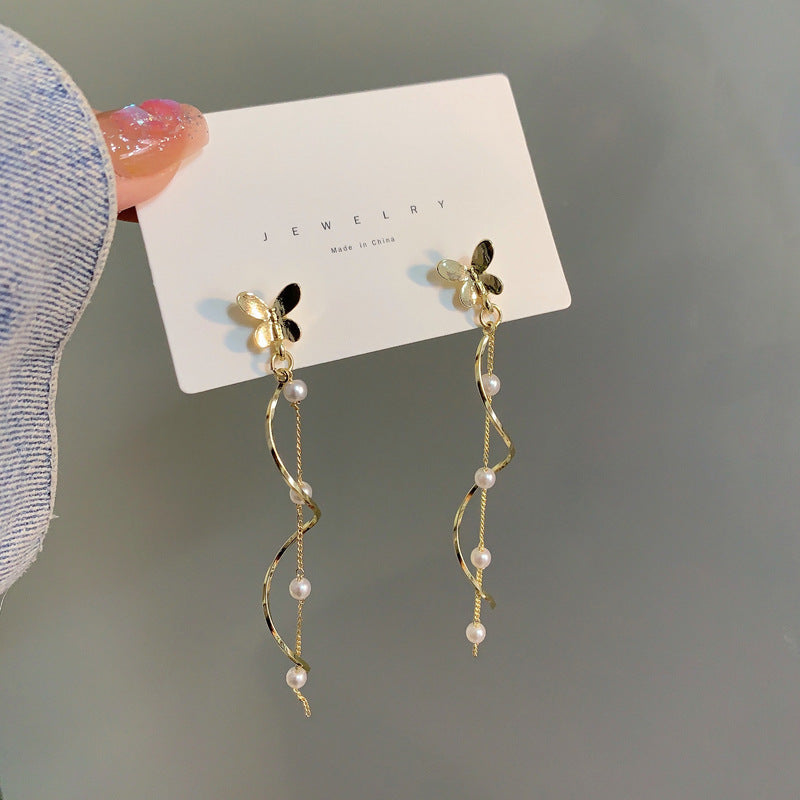 Long Chain Pearl Tassel Butterfly Stud Earrings