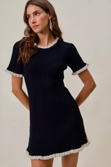 Contrast Ruffled Sweater Knit Mini Dress