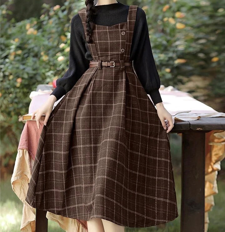 Conjunto de 2 piezas de vestido de lana a cuadros de la Academia oscura de Forest Witch