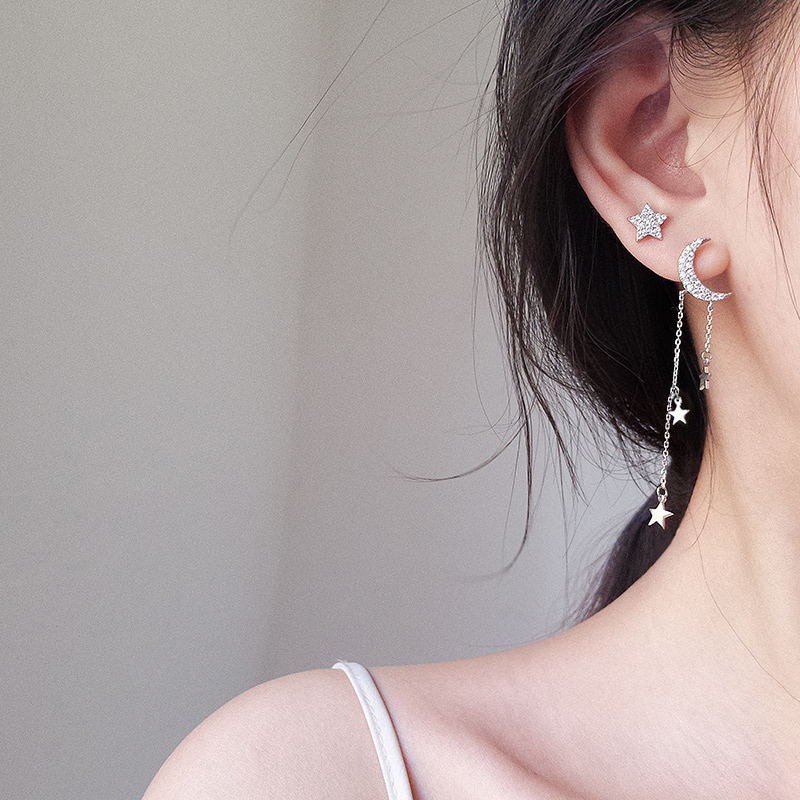 Asymmetric Star Moon Tassel Earrings