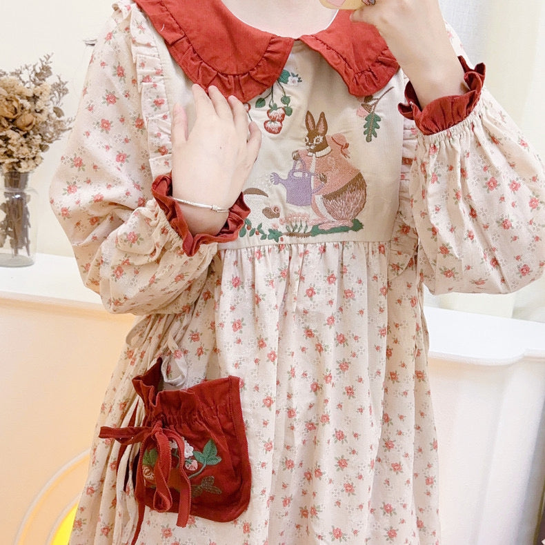 Rabbit's Strawberry Garden Cottagecore Goblincore Dress with Embroidery