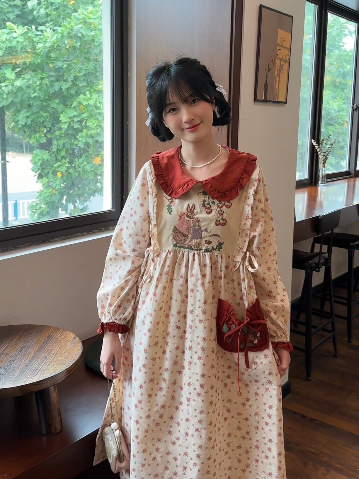 Rabbit's Strawberry Garden Cottagecore Goblincore Dress with Embroidery
