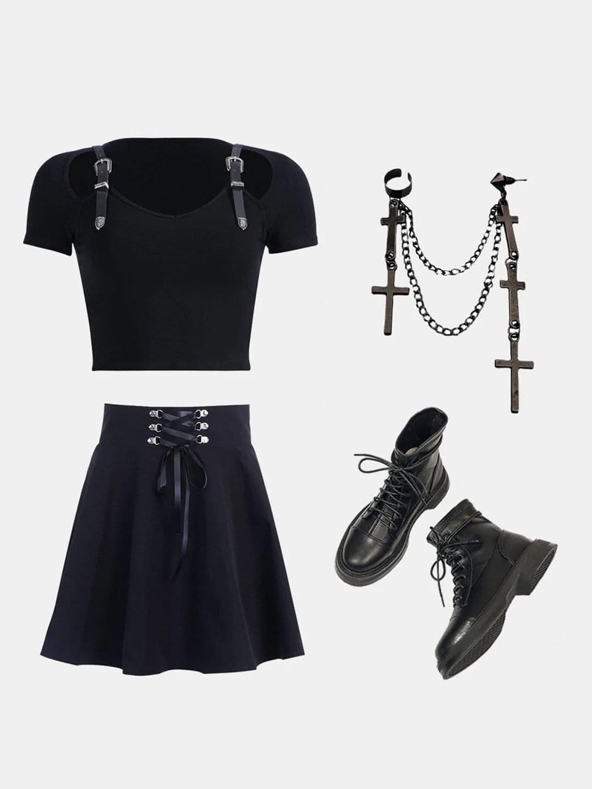 Slim Belt Shoulder Buckle Hollow Short Sleeve T-shirt