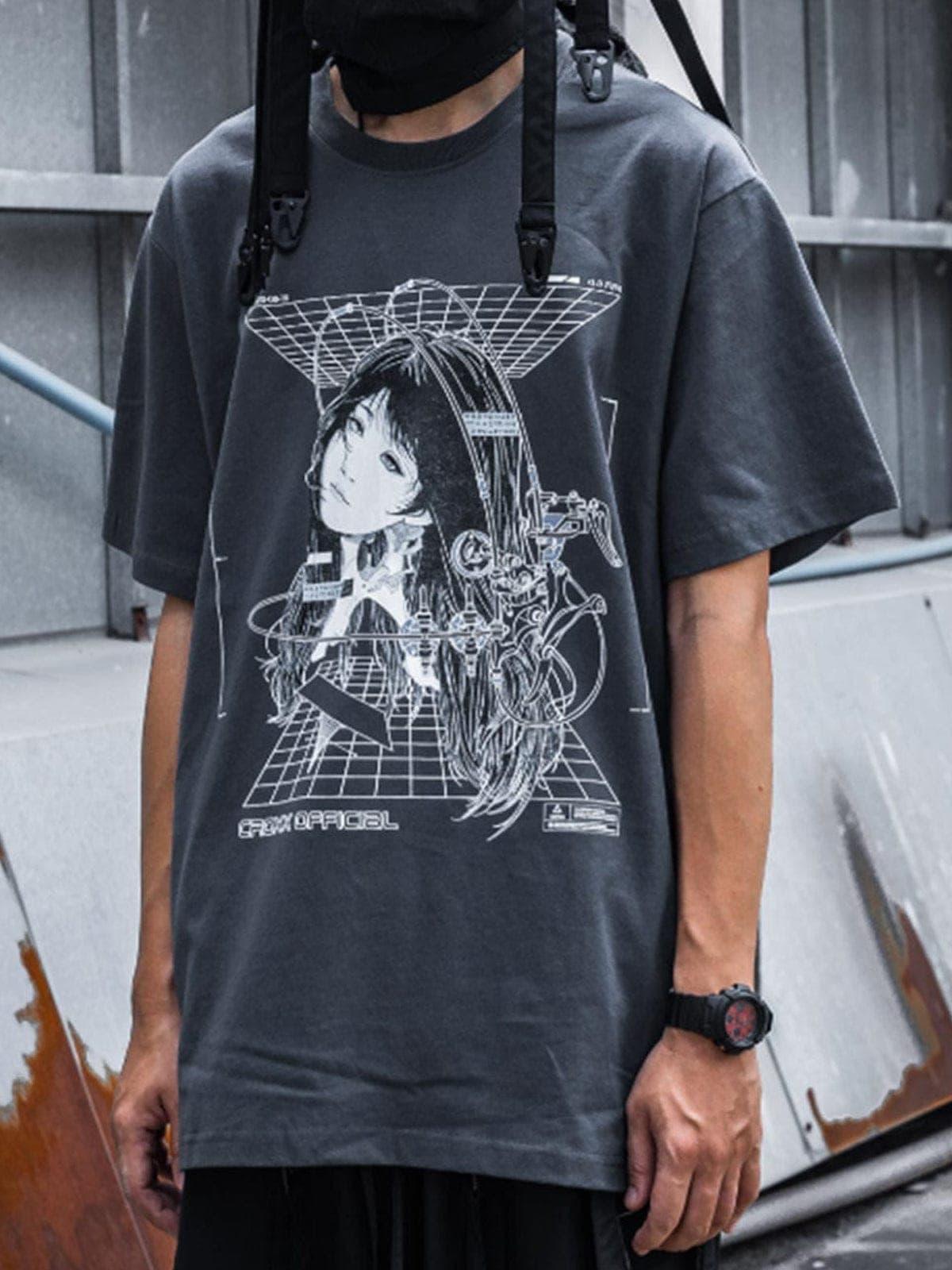 Punk Mechanical Girl Print Cotton Tee