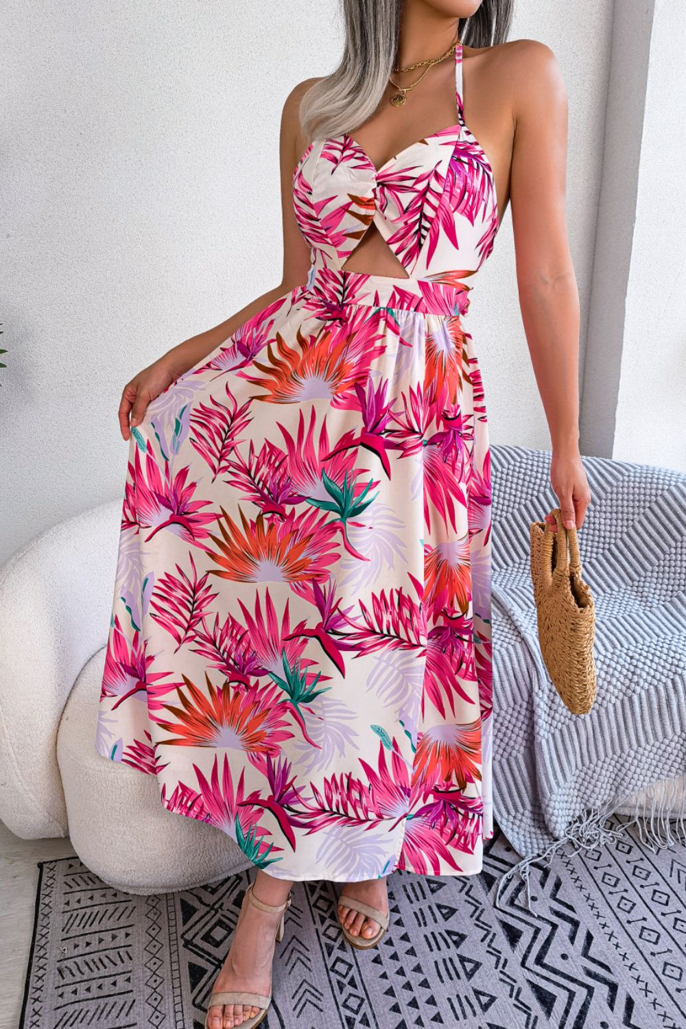 Botanical Tied Backless Cutout Slit Dress