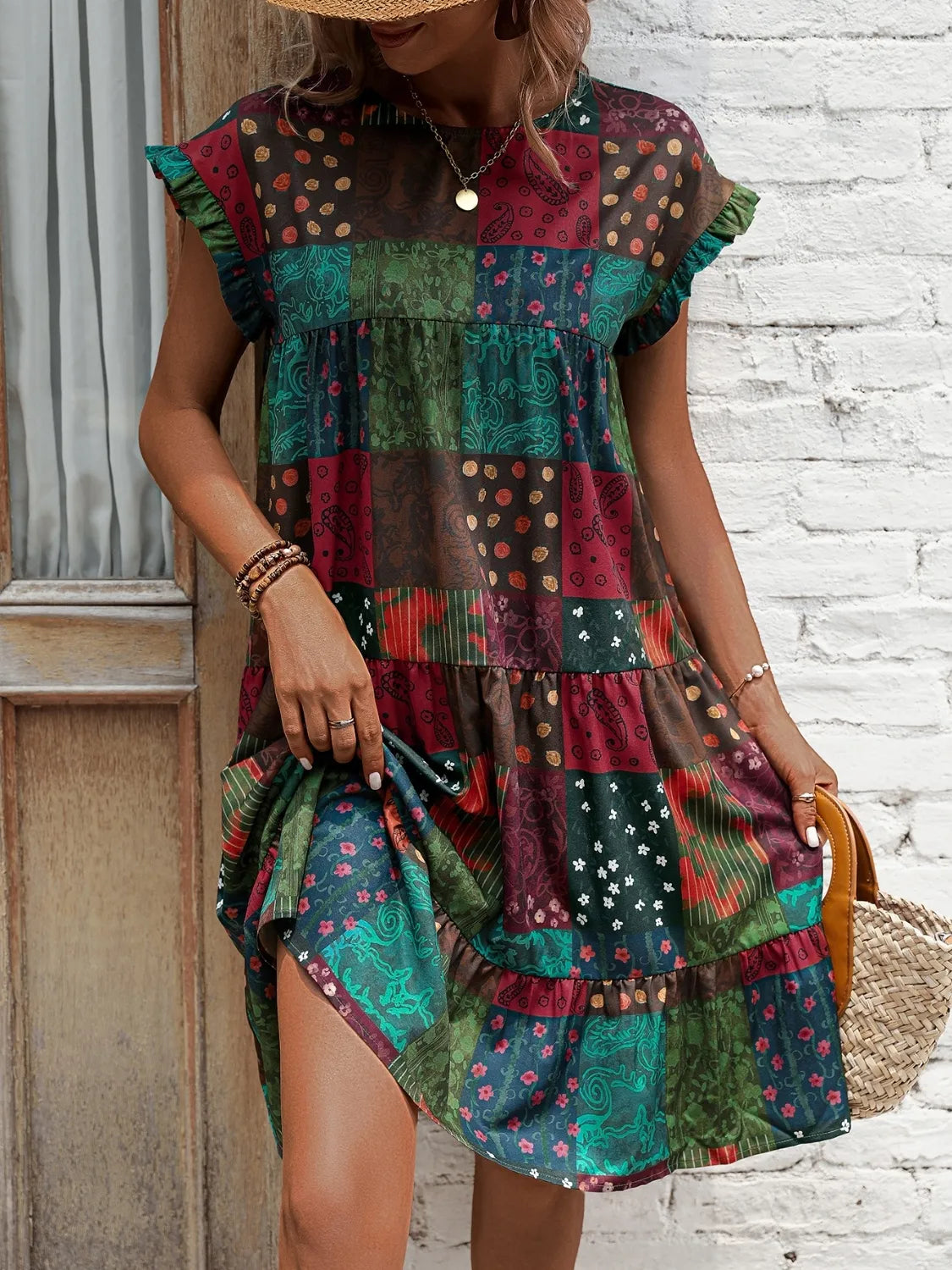 Color Block Print Short Sleeve Mini Dress
