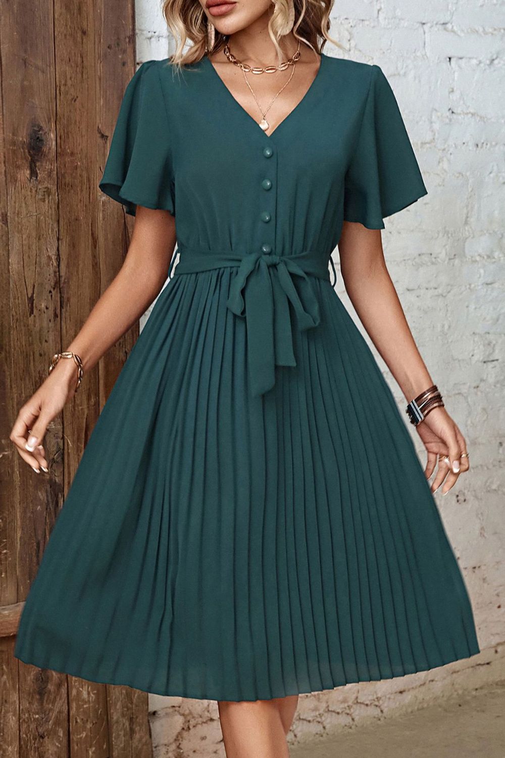 Buttoned V-Neck Flutter Short Sleeve Mini Dress