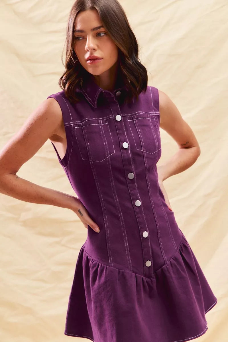 Button Down Sleeveless Collared Mini Dress
