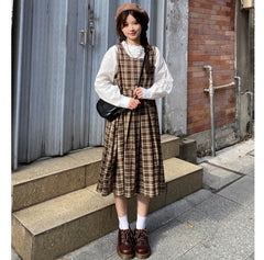 Cozy Treehouse Plaid Dark Academia Pinafore Dress