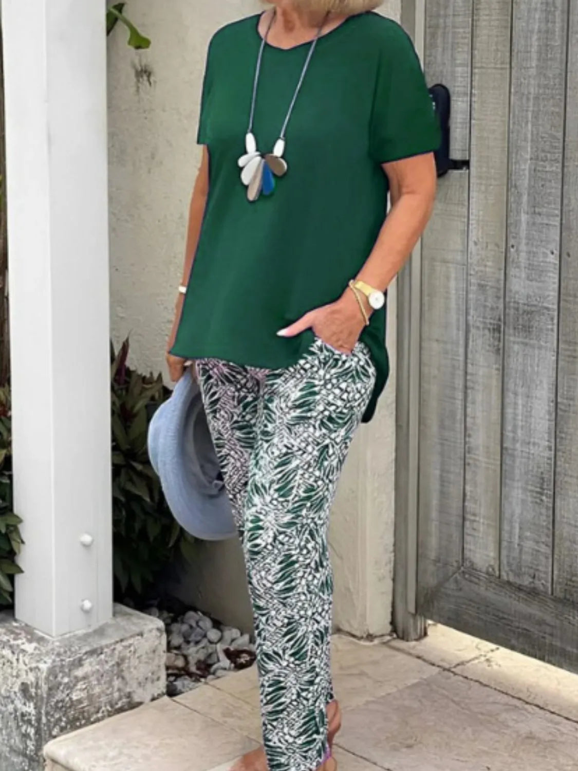 Full Size Round Neck Short Sleeve Top and Pants Set Plus Size