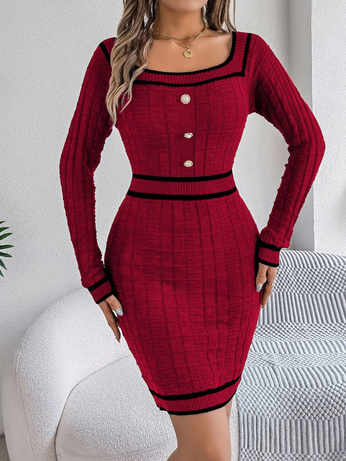 Contrast Long Sleeve Sweater Dress