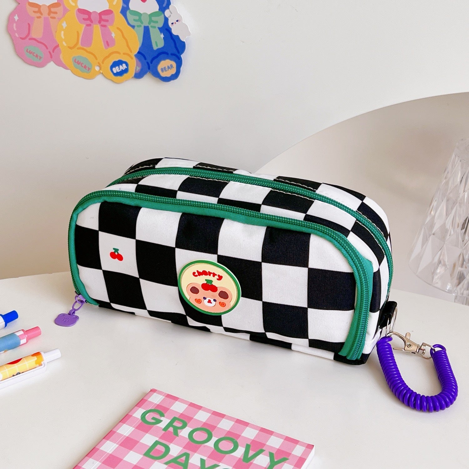 Checkerboard Large Capacity Pencil Case