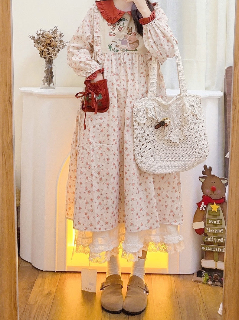 Rabbit's Strawberry Garden Cottagecore Goblincore Dress with Embroidery