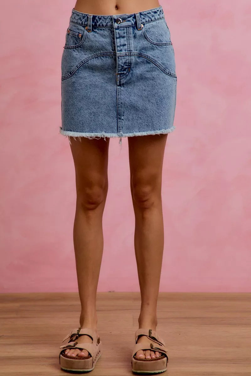 Washed Denim Floral Contrast Pockets Mini Skirt