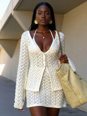 Button Up Crochet Cardigan and Skirt Sweater Set
